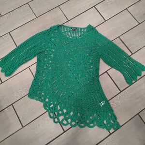 Roamans‎ Green Crochet Open Knit Tunic Sweater Top Plus Size 18 20 4033